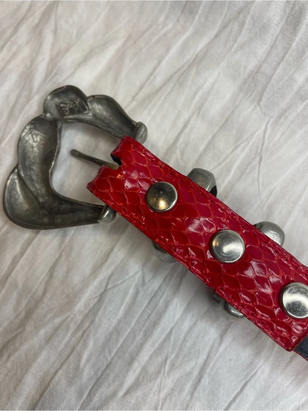 Vintage CIA Genuine Red Snakeskin Belt USA Sculptural Pewter Buckle Small